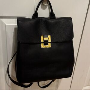 Sophie Hulme Black Leather Single Soft Flap Gold Tone Hardware Backpack